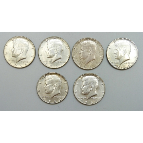 7184 - Coins - a collection of USA silver half dollars, 1964 to 1969 (6 coins)