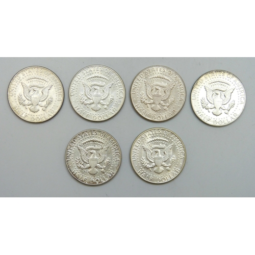 7184 - Coins - a collection of USA silver half dollars, 1964 to 1969 (6 coins)