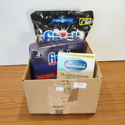 6025 - A pack of Finish Powerball Ultimate dishwasher tablets, Finish dishwasher salt and a Dr Beckman reus... 