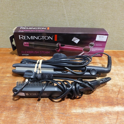 6174 - A Remington Flexibrush steam styler, Remington hair straighteners and a Vikicon electric hair brush ... 