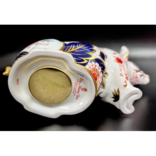 A Royal Crown Derby Pig Money Box paperweight, gold stopper, boxed