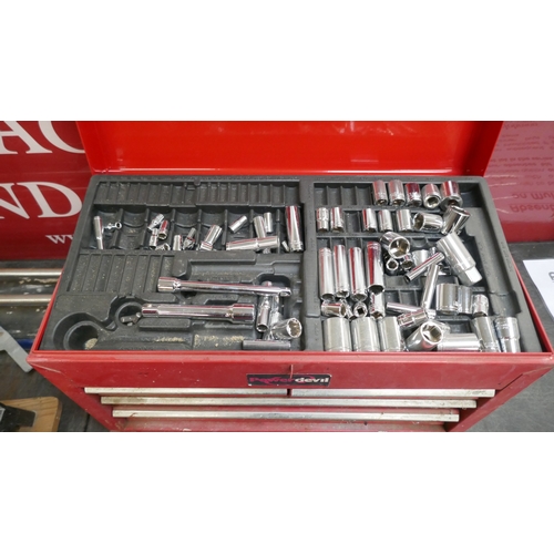 A power Devil red metal 4 drawer toolbox with assorted sockets and ...