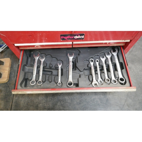 A power Devil red metal 4 drawer toolbox with assorted sockets and ...