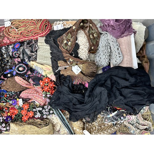 2130 - Two boxes of vintage lace, trims, haberdashery, etc.