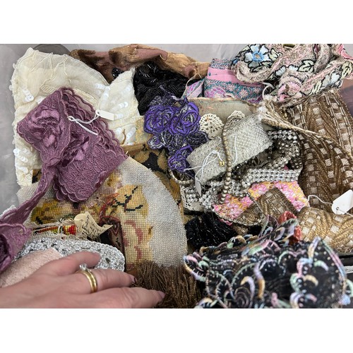 2130 - Two boxes of vintage lace, trims, haberdashery, etc.