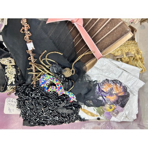 2130 - Two boxes of vintage lace, trims, haberdashery, etc.