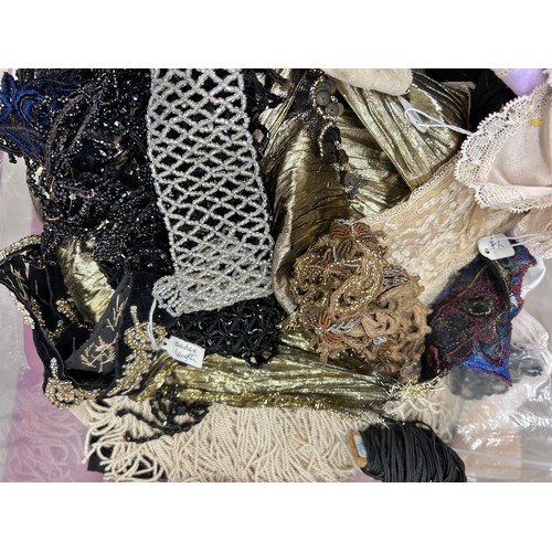 2130 - Two boxes of vintage lace, trims, haberdashery, etc.