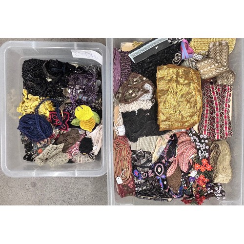 2130 - Two boxes of vintage lace, trims, haberdashery, etc.