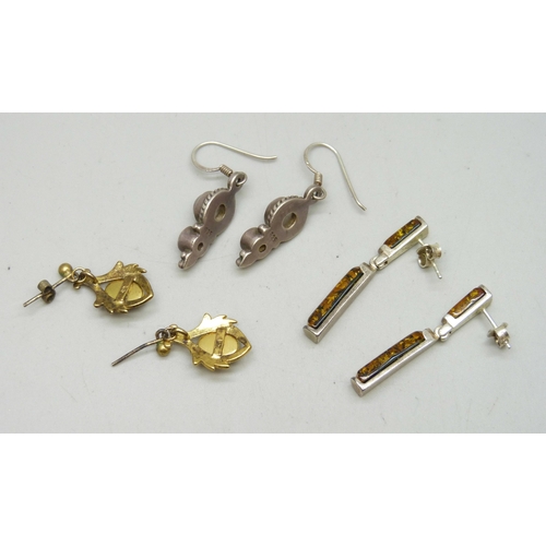 7011 - Three pairs of silver earrings including a gilt opal triplet pair, 14g