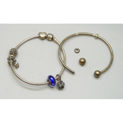 7014 - A collection of silver mainly Pandora jewellery, torque bangle a/f, 45g total