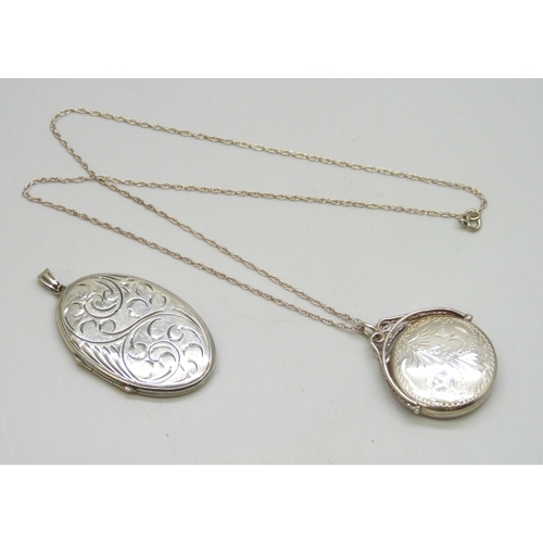 7036 - Two silver lockets, one on a silver chain, including a swivel example, 22g total