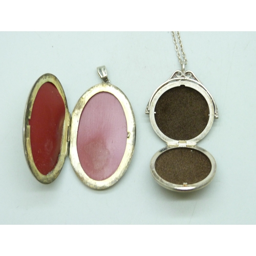 7036 - Two silver lockets, one on a silver chain, including a swivel example, 22g total