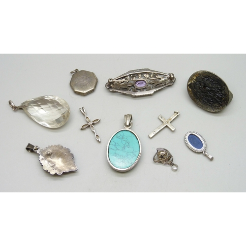 7037 - A collection of silver jewellery, 36g, a white metal mounted Art Deco rock crystal pendant, and a pl... 