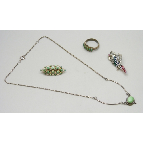 7048 - A silver and plique-a-jour enamel bird brooch, 4.1cm, a silver Arts & Crafts style necklace, an unma... 