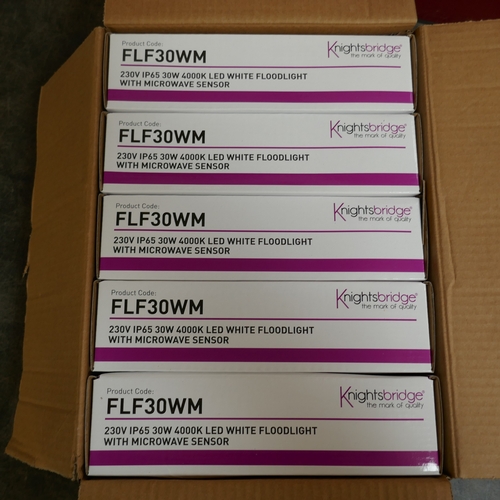 5034 - A box of 5 Knightsbridge FLF30WM, 230V IP65, 30W, 4000k LED white floodlights with microwave sensors