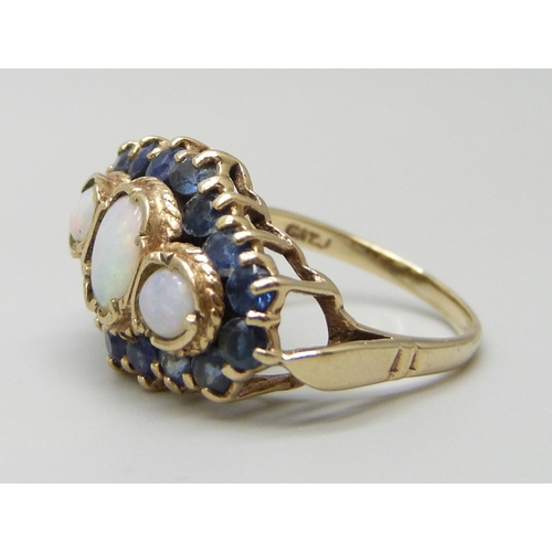 7001 - A 9ct gold, sapphire and opal cluster ring, 4.8g, O, some sapphires a/f