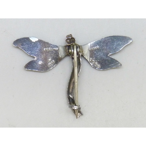 7030 - John Atkins & Son, an early 20th century silver and enamel insect brooch in the form of a dragonfly,... 