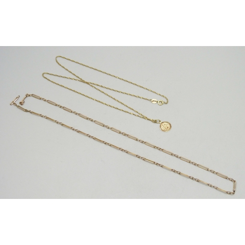 7047 - A yellow metal chain, lacking clasp, 43cm, and a 9ct gold chain with a yellow metal pendant, 4.4g to... 