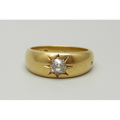 7144 - An 18ct gold gypsy ring set with an old cut diamond, 8.3g, O