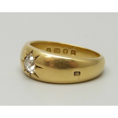 7144 - An 18ct gold gypsy ring set with an old cut diamond, 8.3g, O