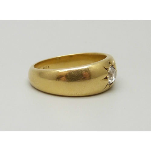 7144 - An 18ct gold gypsy ring set with an old cut diamond, 8.3g, O