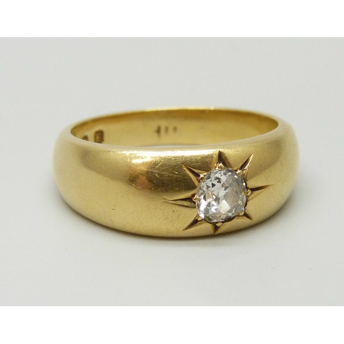 7144 - An 18ct gold gypsy ring set with an old cut diamond, 8.3g, O