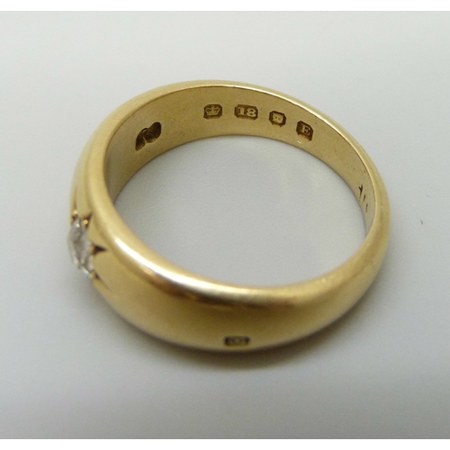 7144 - An 18ct gold gypsy ring set with an old cut diamond, 8.3g, O