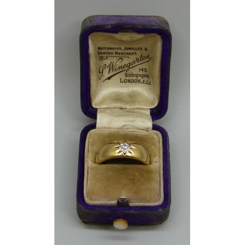 7144 - An 18ct gold gypsy ring set with an old cut diamond, 8.3g, O