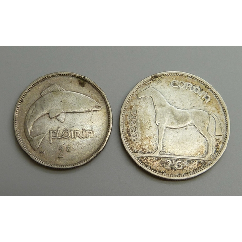 7023 - Two Irish coins - a florin and a half crown, 25.2g
