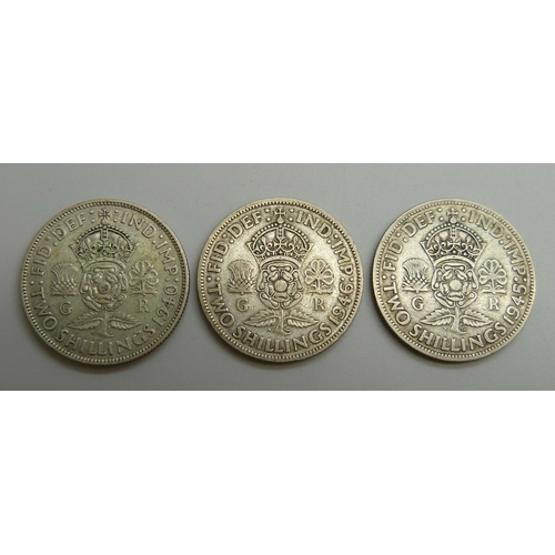 7027 - Coins - three half silver two shillings, 33.4g