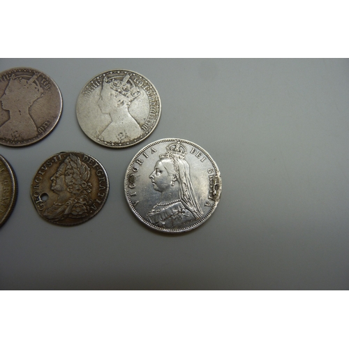 7028 - Five British 19th century silver coins including florins and half crowns, some a/f, 55.2g