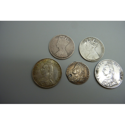 7028 - Five British 19th century silver coins including florins and half crowns, some a/f, 55.2g