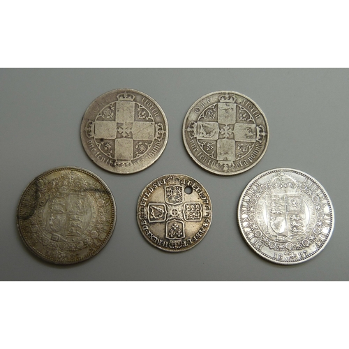 7028 - Five British 19th century silver coins including florins and half crowns, some a/f, 55.2g