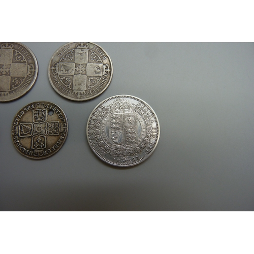 7028 - Five British 19th century silver coins including florins and half crowns, some a/f, 55.2g