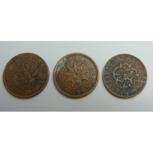 7043 - Three Chinese 10 cash coins, 21g