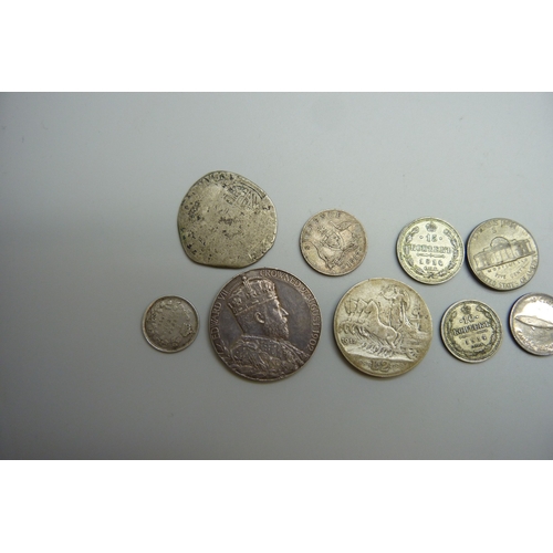 7044 - A collection of coins including Australia, Canada, Russia, an Italian 2 lire, and a British medallio... 
