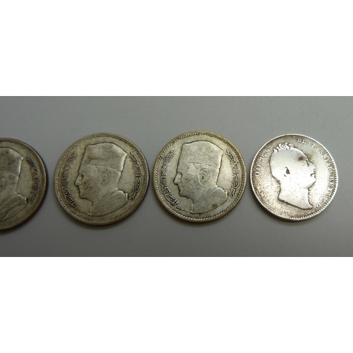 7045 - Three Morocco 1 dirham coins, and a Demerara 1 gulden coin, 25.2g