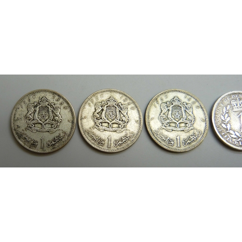 7045 - Three Morocco 1 dirham coins, and a Demerara 1 gulden coin, 25.2g