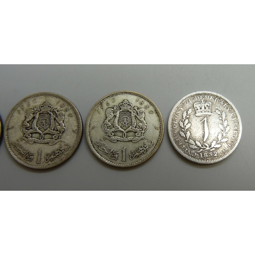7045 - Three Morocco 1 dirham coins, and a Demerara 1 gulden coin, 25.2g