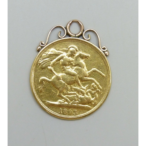 7102 - A Victorian 1893 gold &pound;2 coin with yellow metal pendant mount, 16.2g, 3.5cm including loop