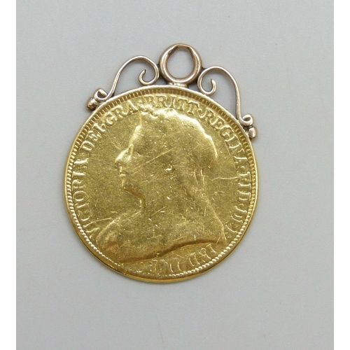 7102 - A Victorian 1893 gold £2 coin with yellow metal pendant mount, 16.2g, 3.5cm including loop