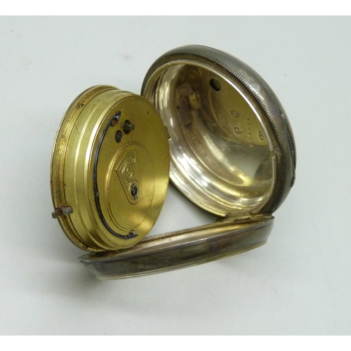 7307 - A silver cased pocket watch, movement signed J.D Jones Tunstall, Birmingham, 1892, 131g