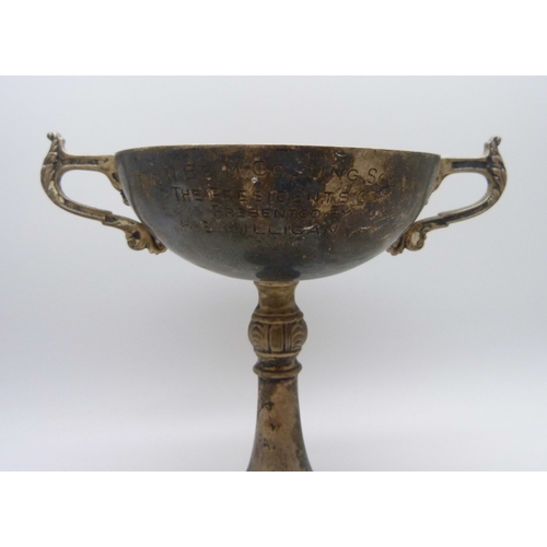 7026 - A George VI silver two handled Golfing Society trophy, with repairs, Birmingham, 1937, 116g, 11cm
