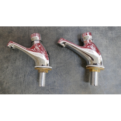 5017 - A pair of stainless steel kitchen push taps and a stainless steel basin mixer tap