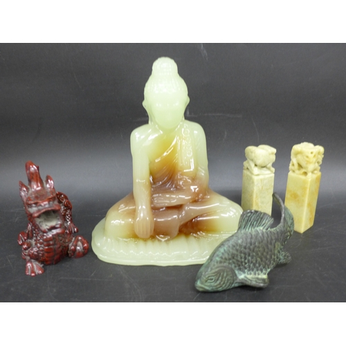 2019A - A pair of Chinese carved ink stamps, a small bronze fish, Buddha figure and a dragon