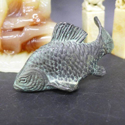 2019A - A pair of Chinese carved ink stamps, a small bronze fish, Buddha figure and a dragon