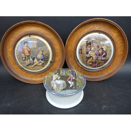 2022 - Collection of Victorian Prattware ceramic lids comprising 'The First Appeal' with pot and two framed... 