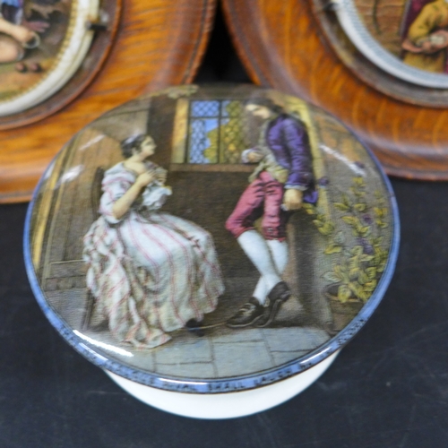 2022 - Collection of Victorian Prattware ceramic lids comprising 'The First Appeal' with pot and two framed... 