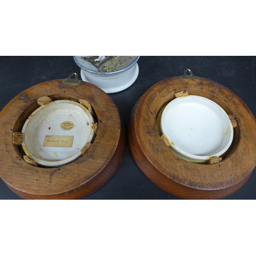 2022 - Collection of Victorian Prattware ceramic lids comprising 'The First Appeal' with pot and two framed... 