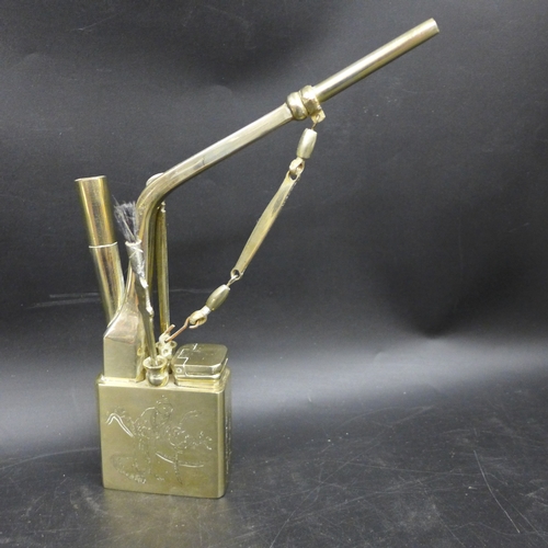 2027 - A Chinese metal opium water pipe, engraved figures and Chinese characters, 21.5cm h